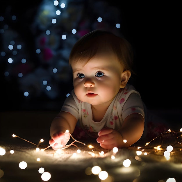 Een baby die op de vloer ligt met lichten.