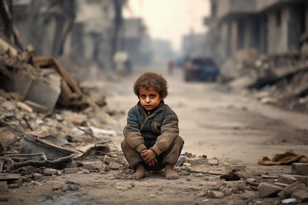 Een baby die op straat zit, vernietigd door een bom tijdens de oorlog.