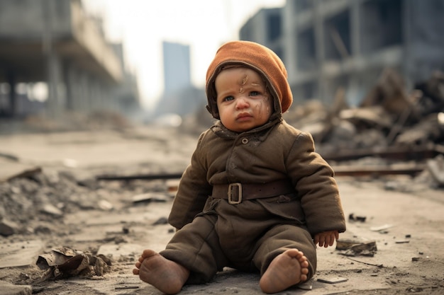 Een baby die op straat zit, verwoest door een bom tijdens de oorlog.