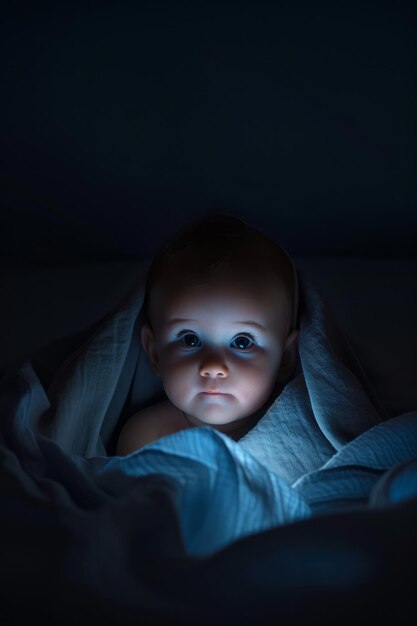 Een baby die troost zoekt onder een deken in een zwak verlichte kamer