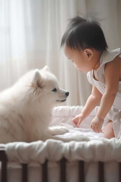 Een baby en een hond in een bed