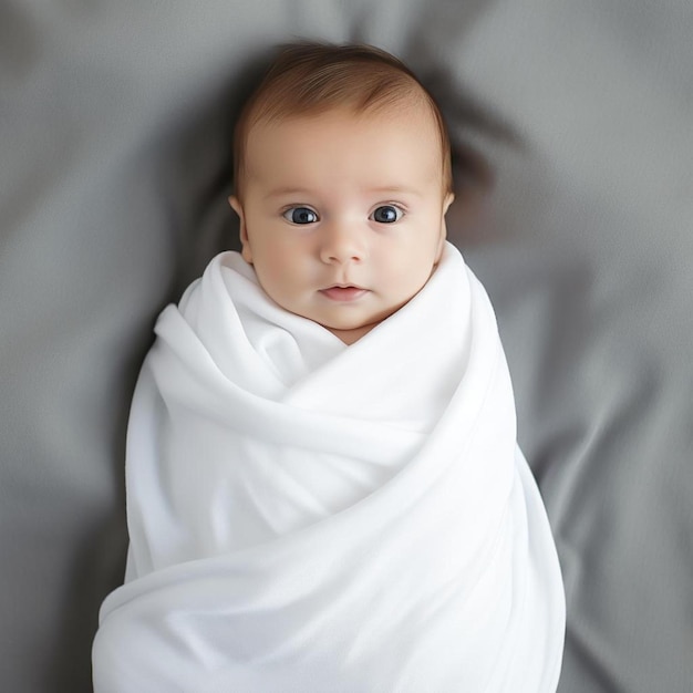 Een baby gewikkeld in een witte deken met een blauw oog.