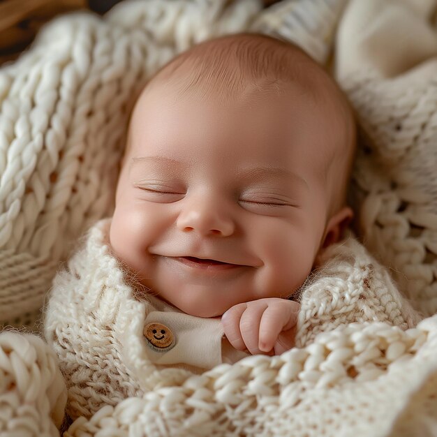 een baby glimlacht en glimlacht in een mand