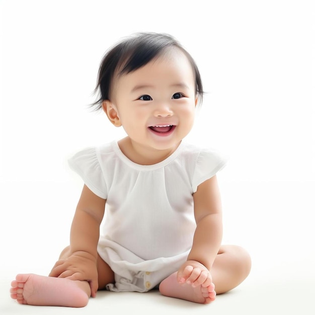 Een baby glimlacht en glimlacht terwijl hij op een wit oppervlak zit.