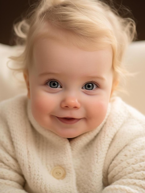 Foto een baby glimlacht en heeft een trui aan