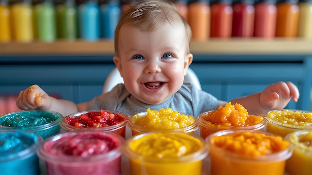 Een baby glimlacht voor kleurrijke potten.