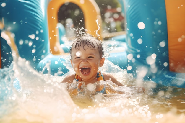 Een baby heeft plezier in een waterglijbaan.