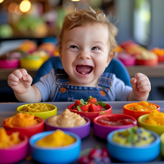 Een baby in een blauw shirt.