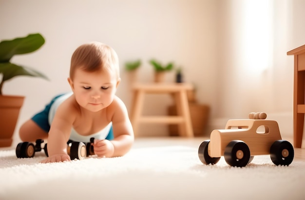 Een baby in een luier kruipt op een pluizige tapijt naar een houten speelgoedwagen in een heldere