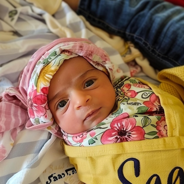 Foto een baby is gewikkeld in een gele deken met het woord s