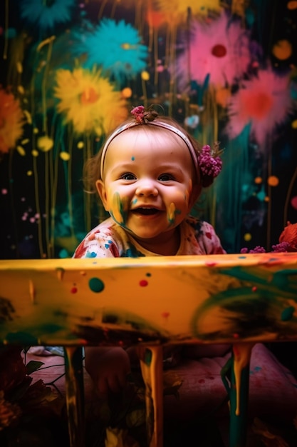 Een baby lacht naar de camera terwijl zij naar de camera lacht.