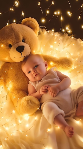 Een baby ligt naast een teddybeer met lichtjes eromheen.