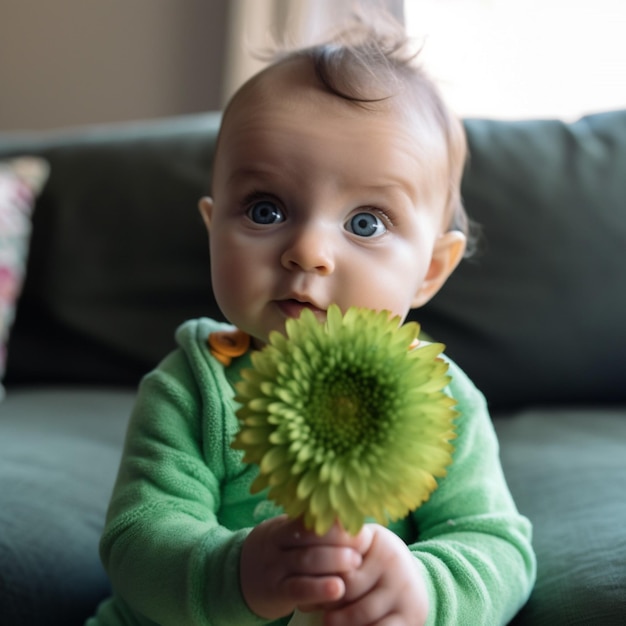 Een baby met blauwe ogen die een bloem vasthoudt voor een bank.