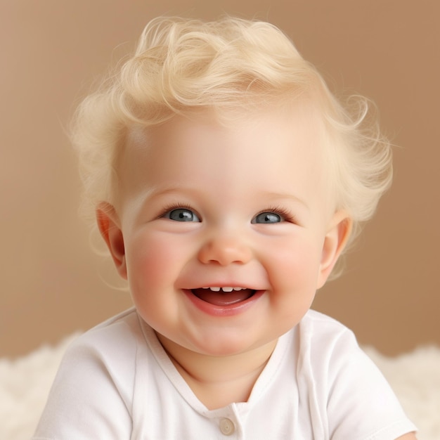 een baby met blond haar en een wit overhemd