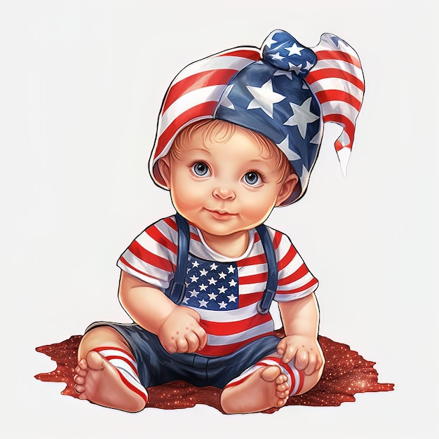 Een baby met een Amerikaanse vlag hoed zit op de grond.