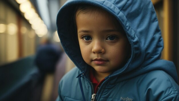 een baby met een blauwe hoodie