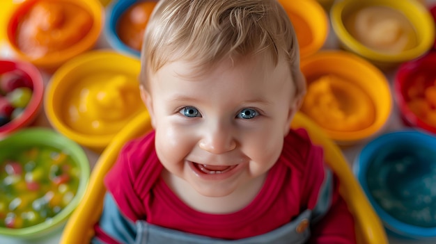 Een baby met een rood shirt.