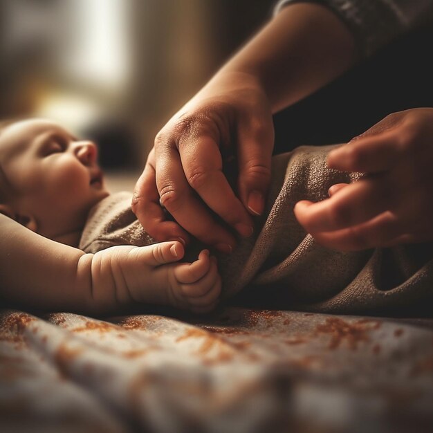 Een baby wordt door een vrouw vastgehouden en wordt door een hand vastgehouden.