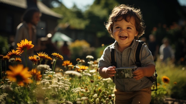 Een baby zet zijn eerste stapjes in een park omringd door bomen en bloemen Gemaakt met Generative AI