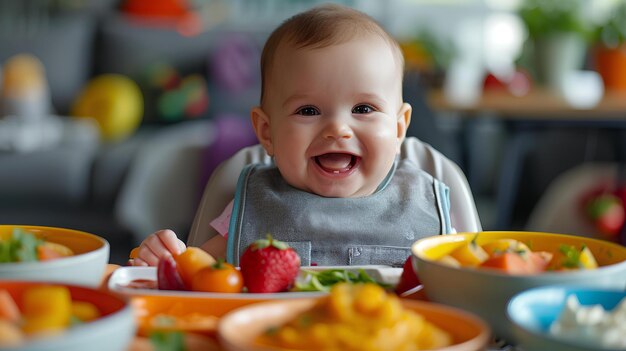 Een baby zit aan een tafel met een bord fruit