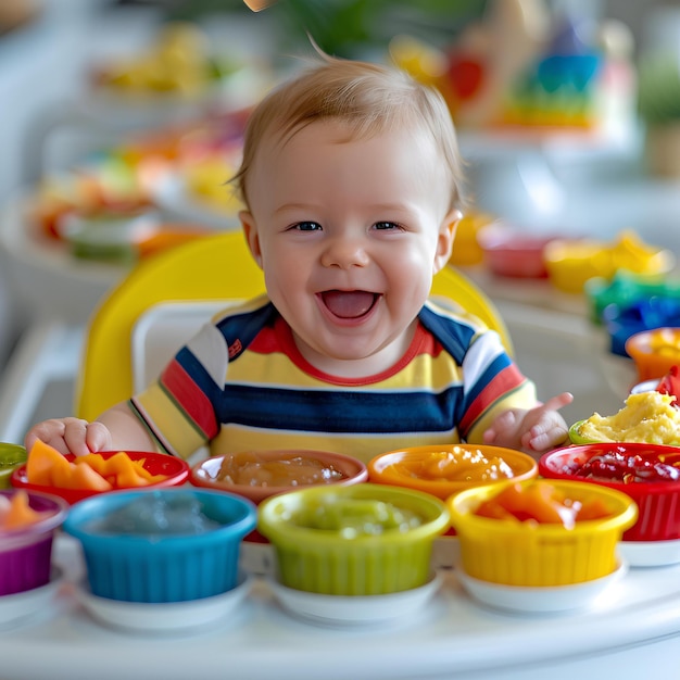 Een baby zit in een hoge stoel met een bord eten