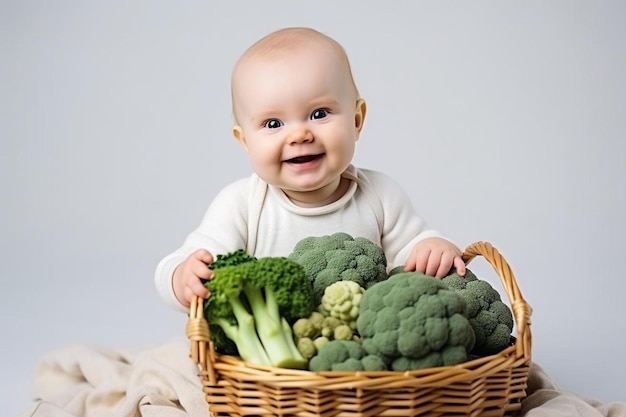 een baby zit in een mandje met broccoli