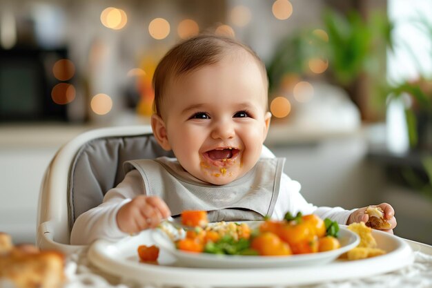 Foto een baby zit in een stoel en eet.