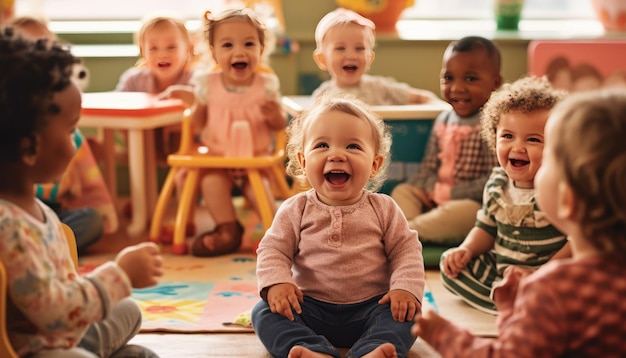 Foto een baby zit in een stoel in een kleuterschool, omringd door andere baby's en peuters.