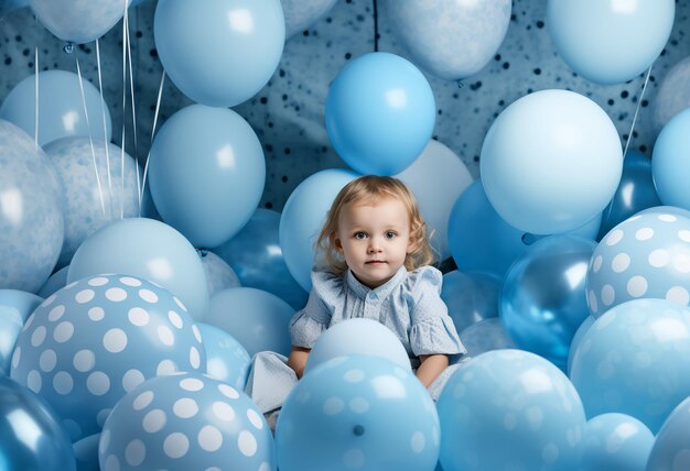 Een baby zit tussen blauwe ballonnen