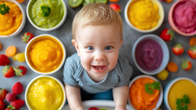 Een baby zit voor een kom met fruit.