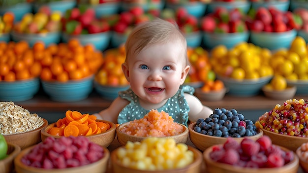 Een baby zit voor een tafel met fruit.