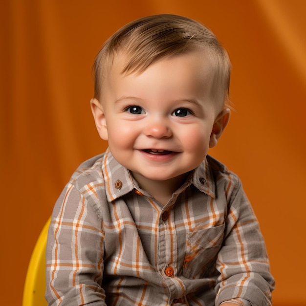 een baby zittend op een gele stoel lachend naar de camera