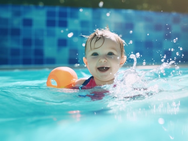 Een baby zwemt in een zwembad met een bal in zijn mond.