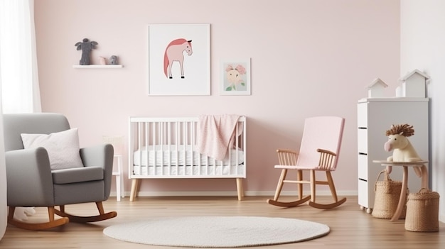 Een babykamer met een roze muur en een ledikant met een roze stoel en een babybedje met een roze vloerkleed.