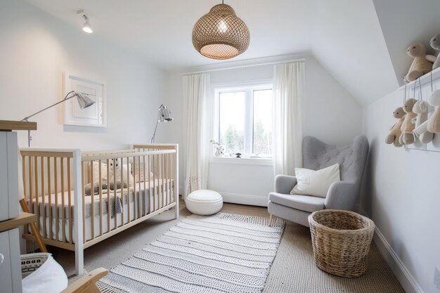 Een babykamer met een witte wieg en een grijze stoel.