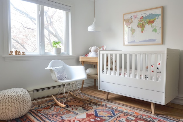 Een babykamer met een witte wieg en een kaart aan de muur.