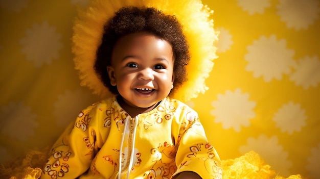 Een babymeisje met een gele outfit met de tekst 'geel' erop