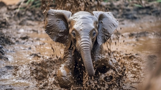 Een babyolifant die in de door AI gegenereerde modder speelt