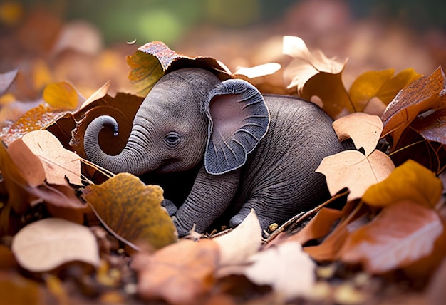 Een babyolifant ligt in bladeren en lijkt te slapen.