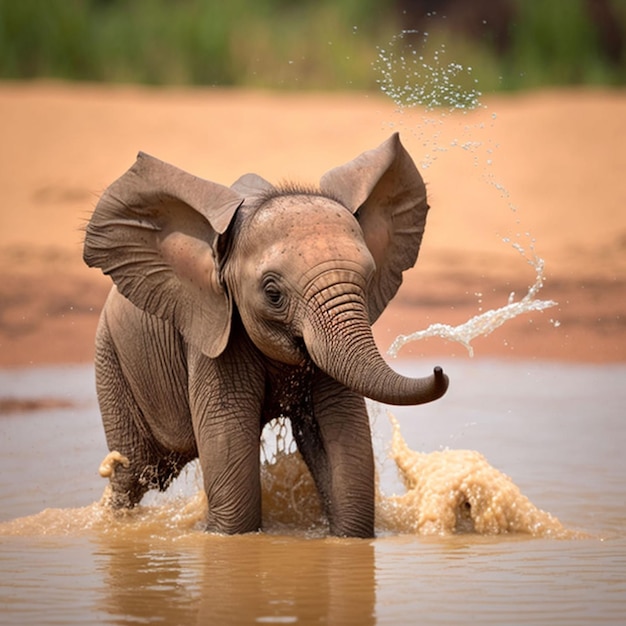 Een babyolifant speelt in een watermassa met de slurf omhoog.