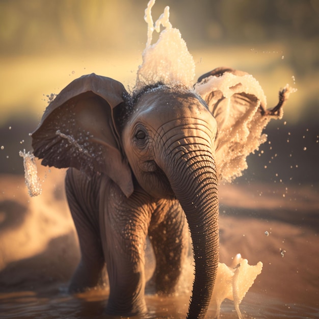 Een babyolifant speelt in het water waar de zon op schijnt.