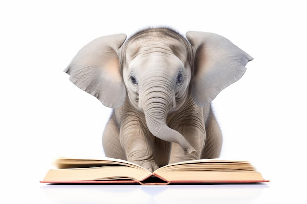 een babyolifant staat over een open boek