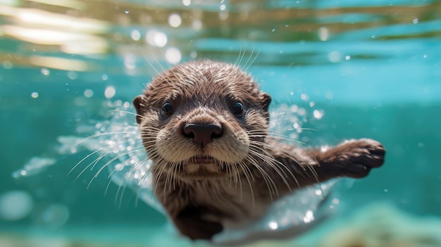 Een babyotter die in een pool zwemt