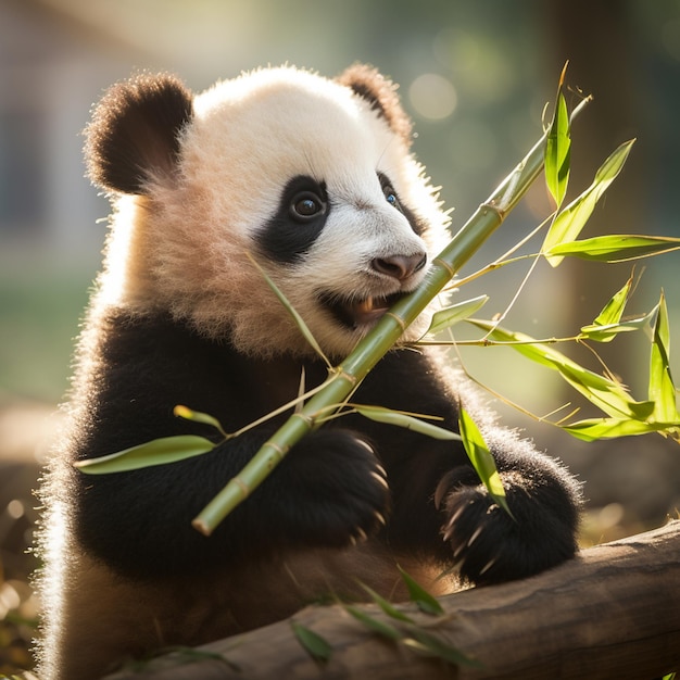 Foto een babypanda die bamboe eet