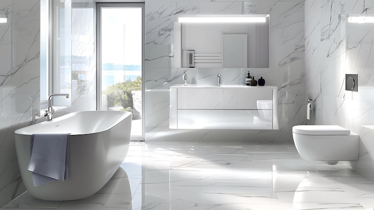 Foto een badkamer met een bad en een bad met de woorden quote free quote op de muur