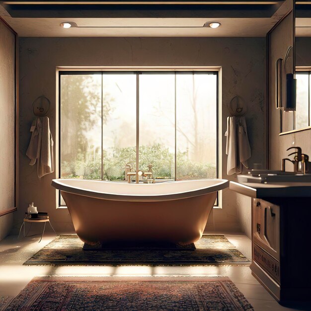 Een badkamer met een badkuip en een raam op de achtergrond