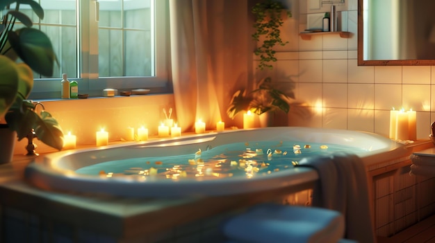 Een badkamer met een badkuip vol water en bloemblaadjes Er zijn kaarsen aangestoken rond de badkuip