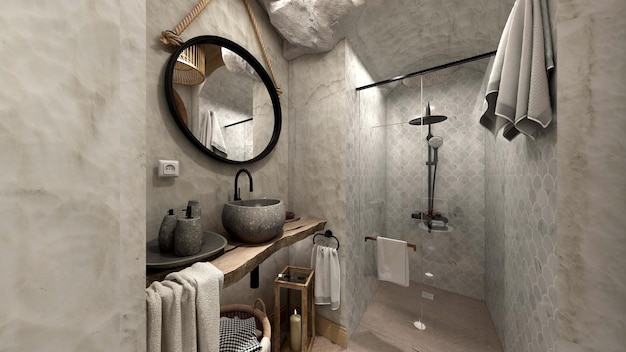 Een badkamer met een douche en een wastafel met daarboven een spiegel.