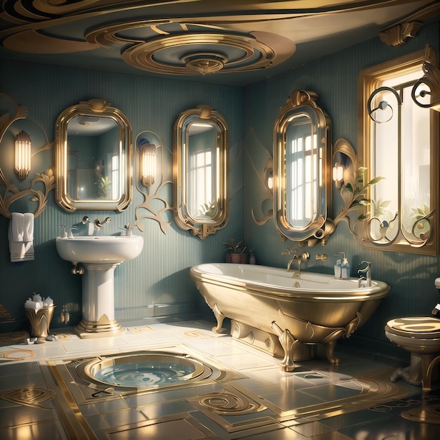 Een badkamer met een gouden ligbad en een toilet.