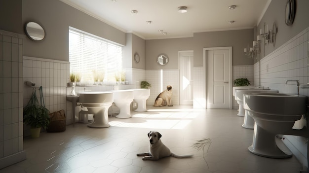 Een badkamer met een grote witte en grijze tegelvloer en een witte hond die op de vloer zit.